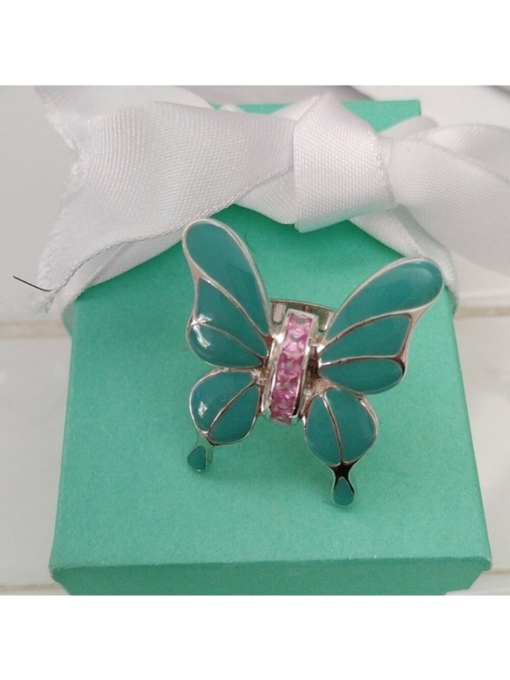Sterling Silver, Pink Stones + Enamel Butterfly Statement Ring, size 9